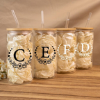 Bazinco Personalized Monogram Letter Glass Cup | Floral Initial Glass Can with Bamboo Lid & Glass Straw | Custom Gift for Her, Bridesmaids & Coffee Lovers