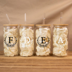 Bazinco Personalized Monogram Letter Glass Cup | Floral Initial Glass Can with Bamboo Lid & Glass Straw | Custom Gift for Her, Bridesmaids & Coffee Lovers