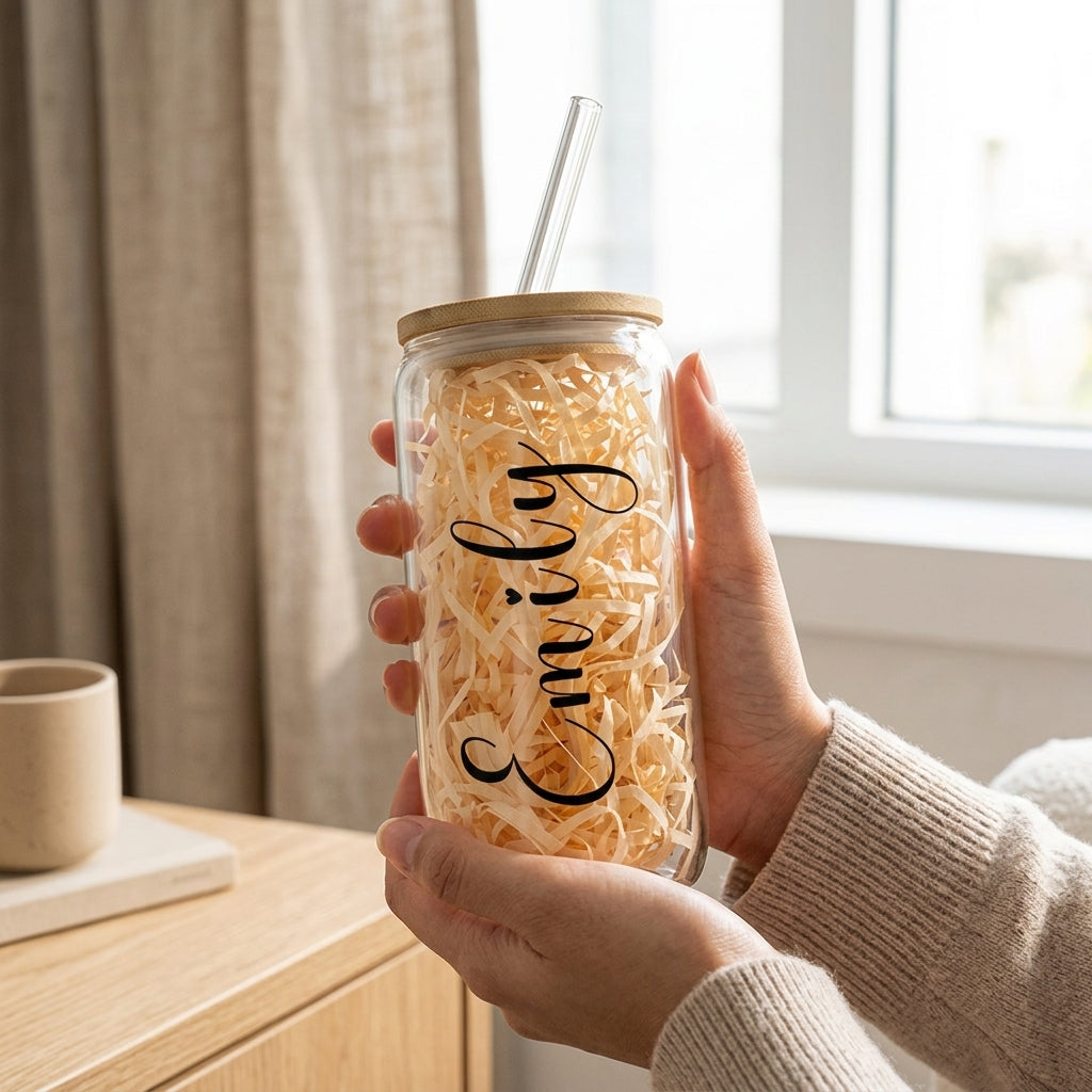 Bazinco Personalized Name Glass Cup | Custom Script Glass Can with Bamboo Lid & Glass Straw | Elegant Coffee Tumbler Gift for Her & Him