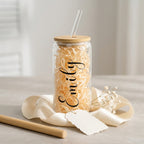 Bazinco Personalized Name Glass Cup | Custom Script Glass Can with Bamboo Lid & Glass Straw | Elegant Coffee Tumbler Gift for Her & Him