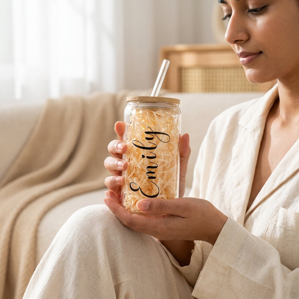 Bazinco Personalized Name Glass Cup | Custom Script Glass Can with Bamboo Lid & Glass Straw | Elegant Coffee Tumbler Gift for Her & Him