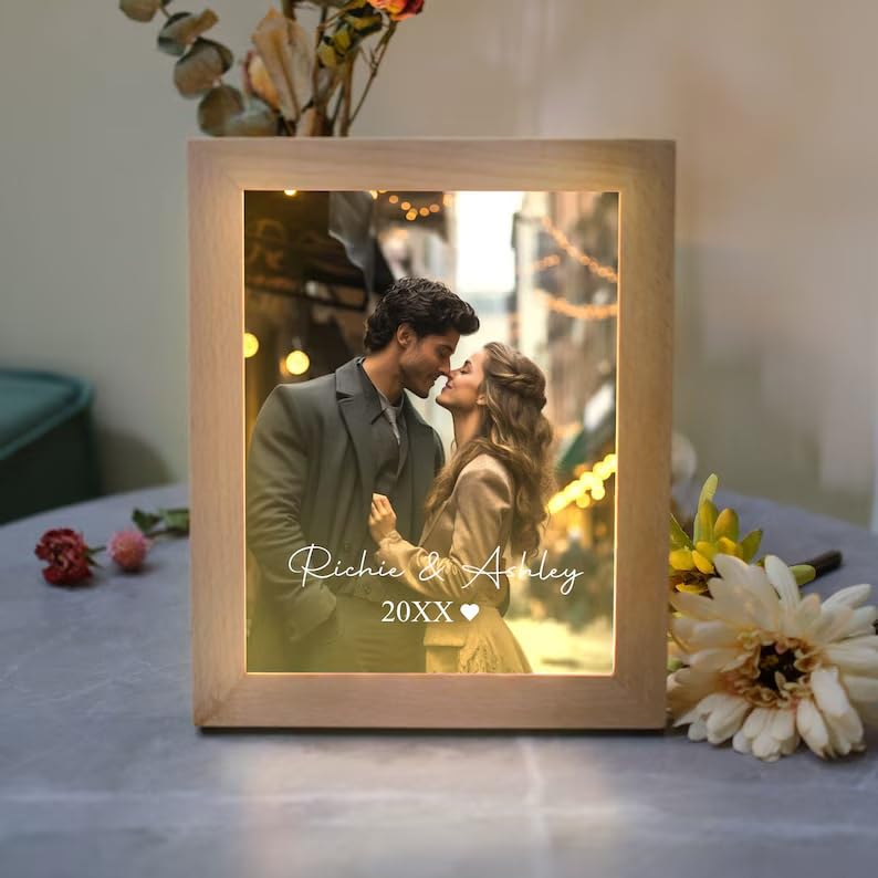 Bazinco Custom Couple Photo Frame with Name & Year, Personalized Romantic Picture Frame, Wedding Anniversary Gift for Couples