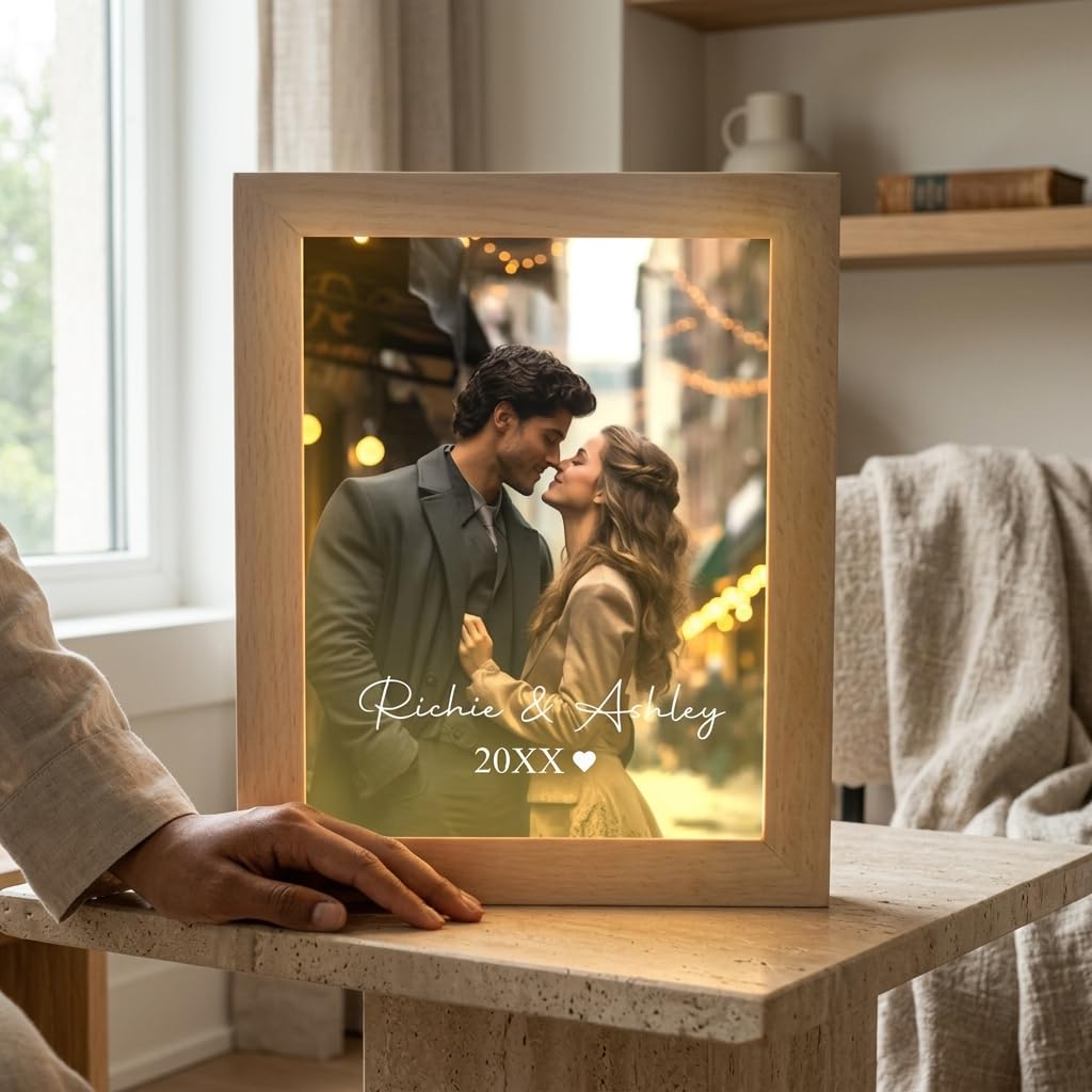 Bazinco Custom Couple Photo Frame with Name & Year, Personalized Romantic Picture Frame, Wedding Anniversary Gift for Couples