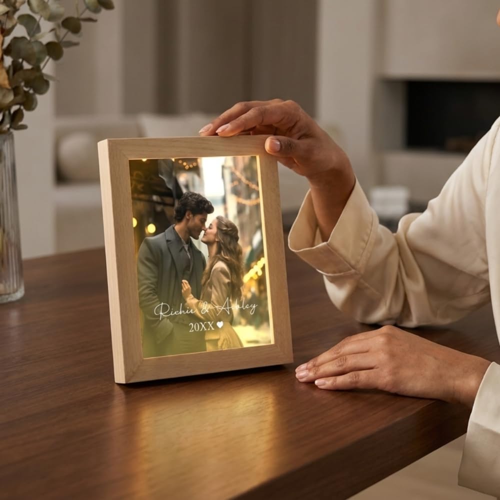 Bazinco Custom Couple Photo Frame with Name & Year, Personalized Romantic Picture Frame, Wedding Anniversary Gift for Couples