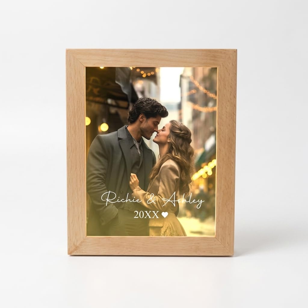 Bazinco Custom Couple Photo Frame with Name & Year, Personalized Romantic Picture Frame, Wedding Anniversary Gift for Couples
