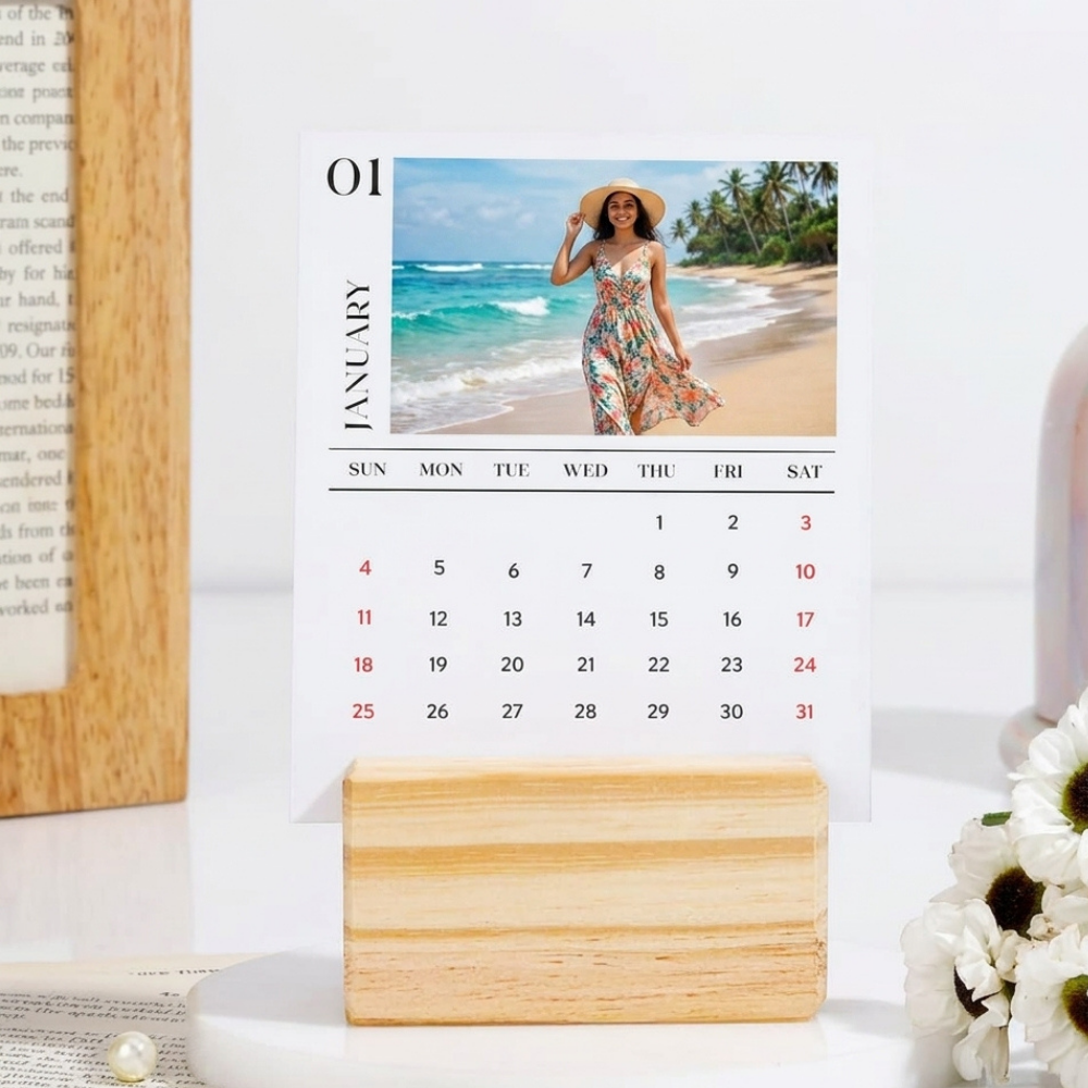 Bazinco Personalized Photo Print Desk Top Calendar | Custom Wooden Stand Calendar | Personalized Yearly Photo Calendar for Office Desk & Home Decor