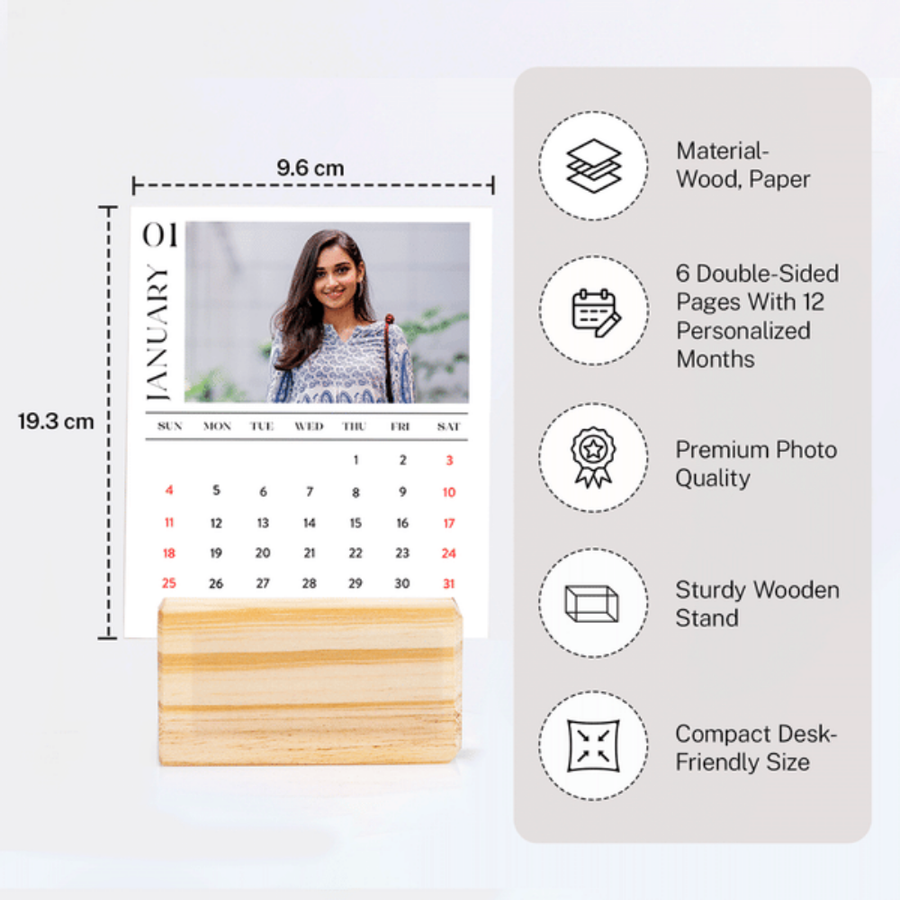Bazinco Personalized Photo Print Desk Top Calendar | Custom Wooden Stand Calendar | Personalized Yearly Photo Calendar for Office Desk & Home Decor