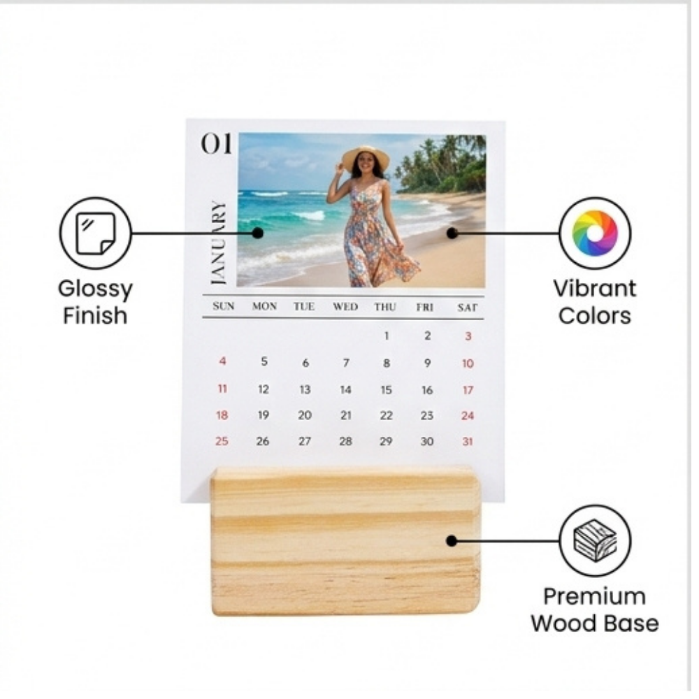 Bazinco Personalized Photo Print Desk Top Calendar | Custom Wooden Stand Calendar | Personalized Yearly Photo Calendar for Office Desk & Home Decor