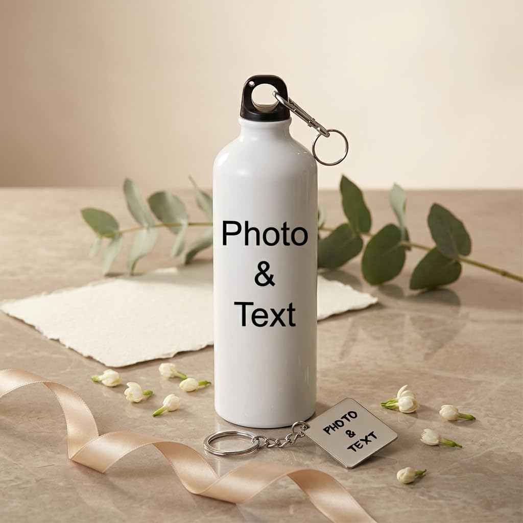 Bazinco Personalized Photo & Text Sipper Bottle with Custom Keychain | Customized Water Bottle Gift