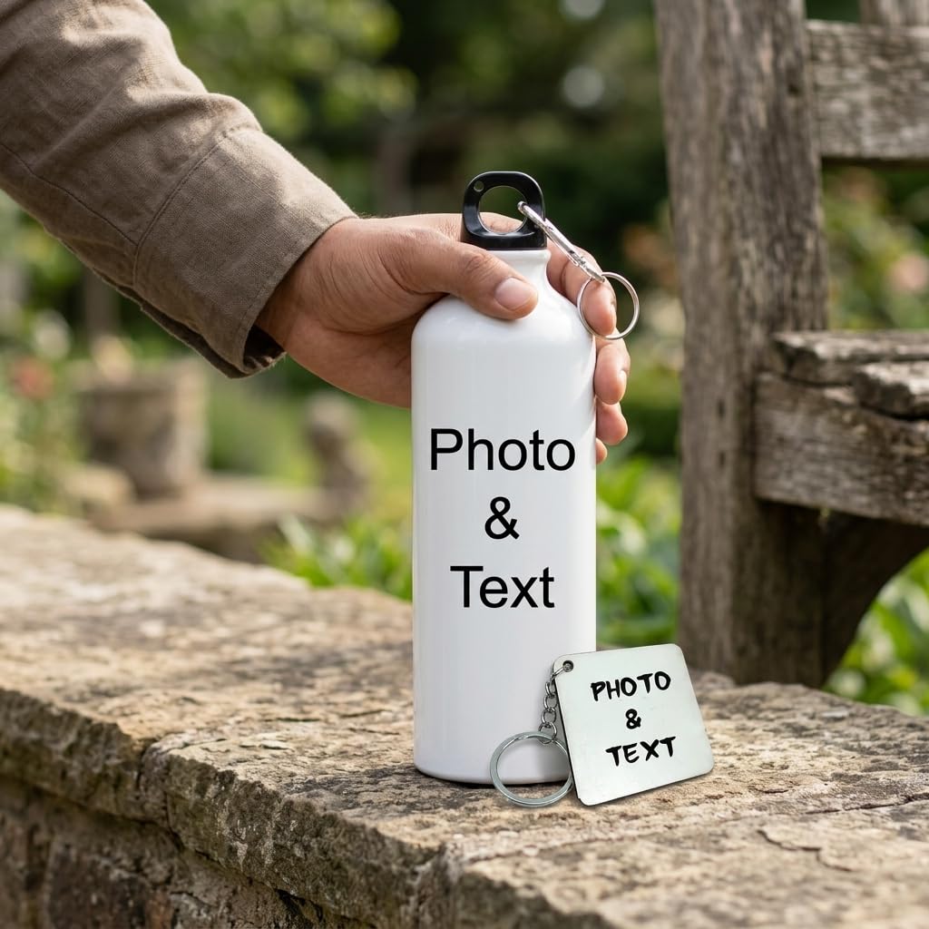 Bazinco Personalized Photo & Text Sipper Bottle with Custom Keychain | Customized Water Bottle Gift
