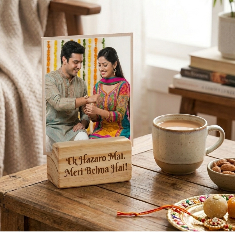 bazinco Rakhi Personalized Photo Stand – Custom Engraved Wooden Plaque with Photo & Message | Rakshabandhan Gift for Brother & Sister