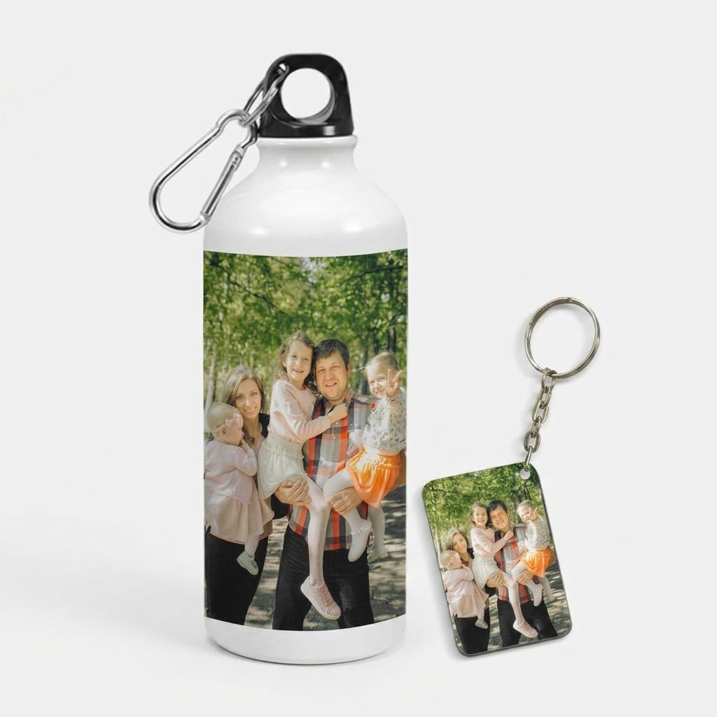 Personalized Photo Water Bottle & Matching Photo Keychain Combo