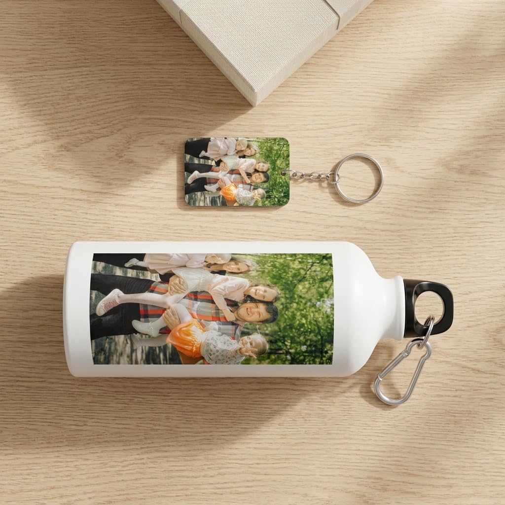 Personalized Photo Water Bottle & Matching Photo Keychain Combo
