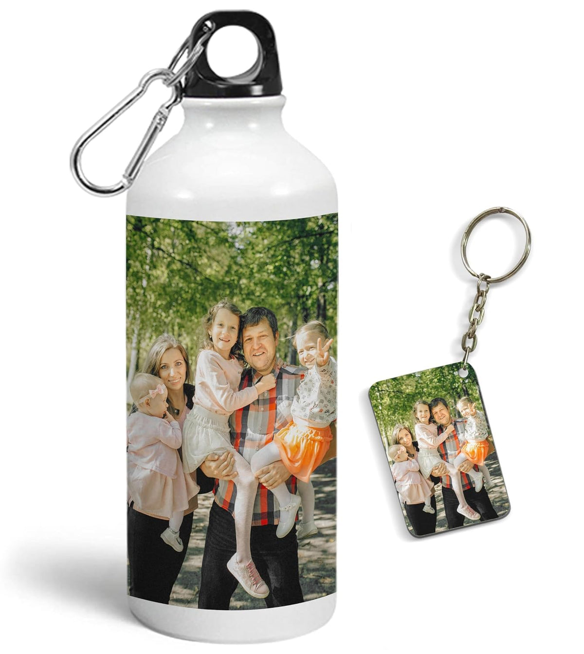 Personalized Photo Water Bottle & Matching Photo Keychain Combo