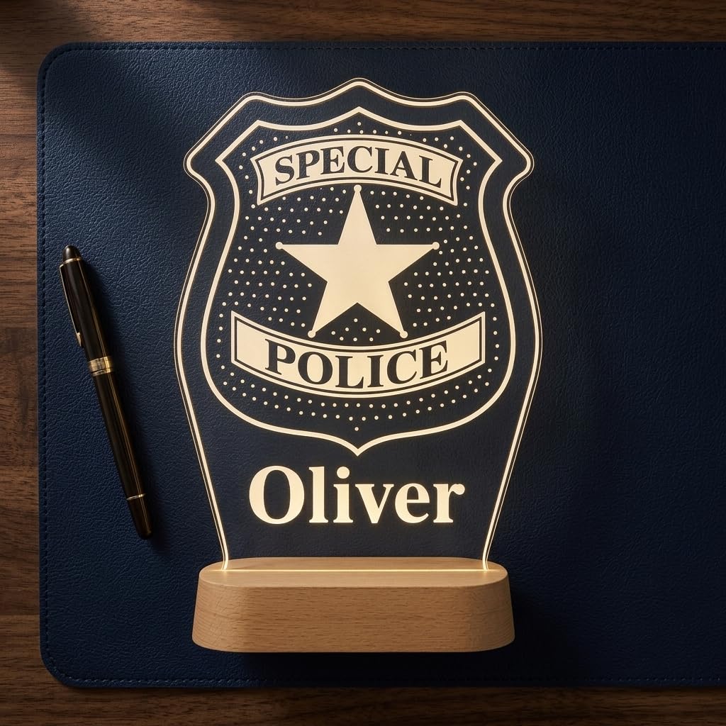 Bazinco Personalized Police Badge LED Night Lamp with Name – Special Police Acrylic Night Light & Desk Decor Gift for Police Officers