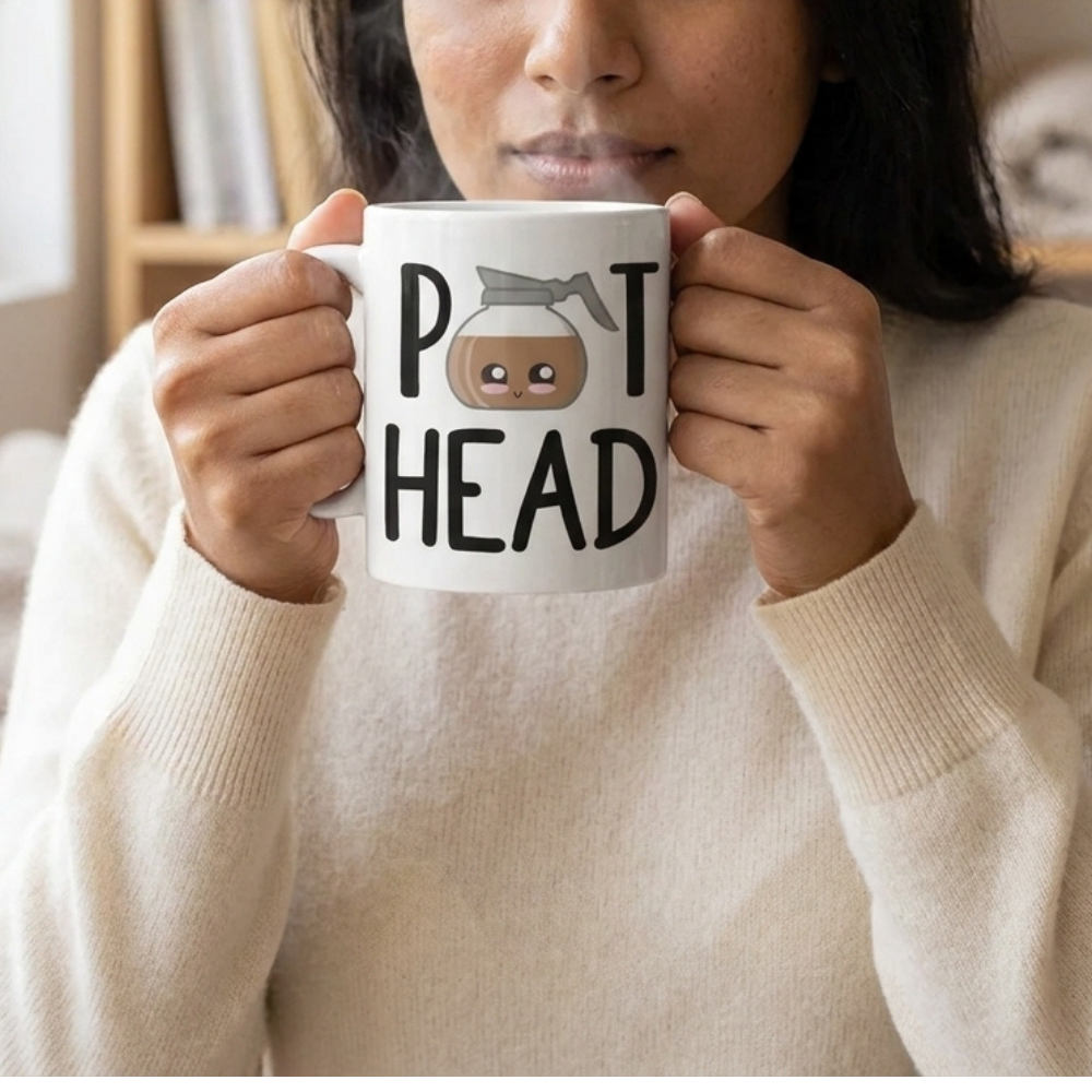 Bazinco Pot Head Funny Coffee Pun Ceramic Mug | Cute Coffee Pot Printed Coffee Mug | Premium Ceramic Tea Cup | Funny Gift for Coffee Lovers, Home & Office | 325 ml