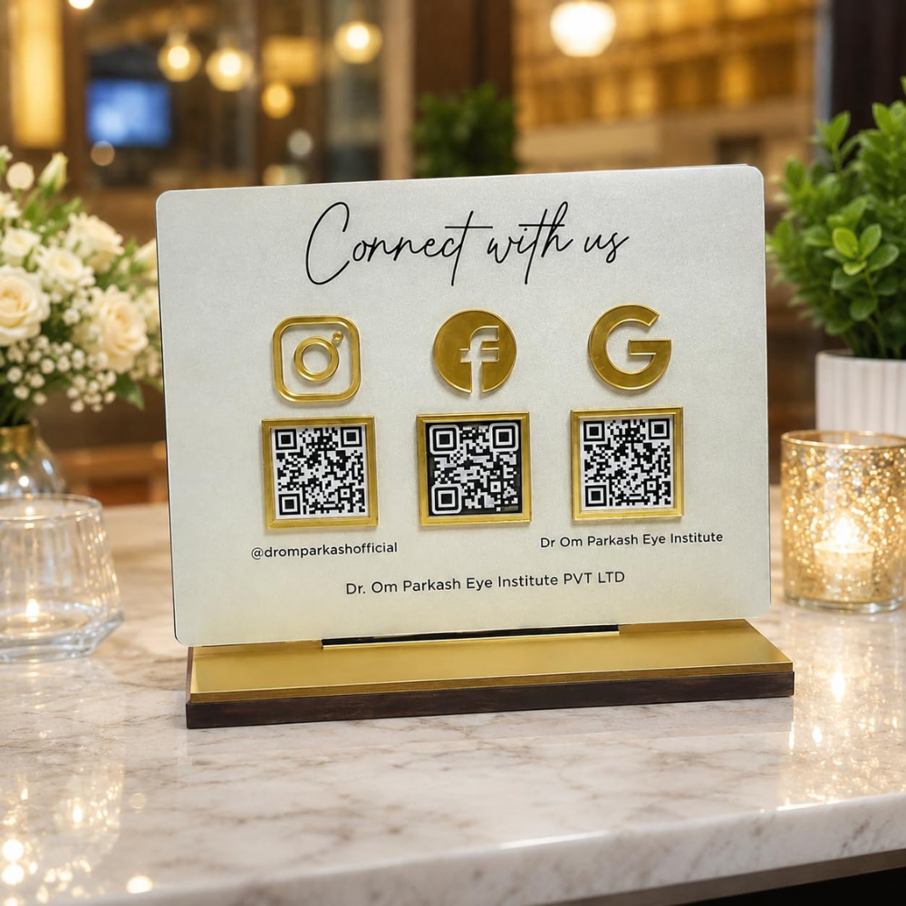 Bazinco Premium Social Media QR Code Display Stand | Custom Acrylic Business QR Sign with Wooden Base | Instagram, Facebook & Google Review Table Display for Shops, Clinics & Offices