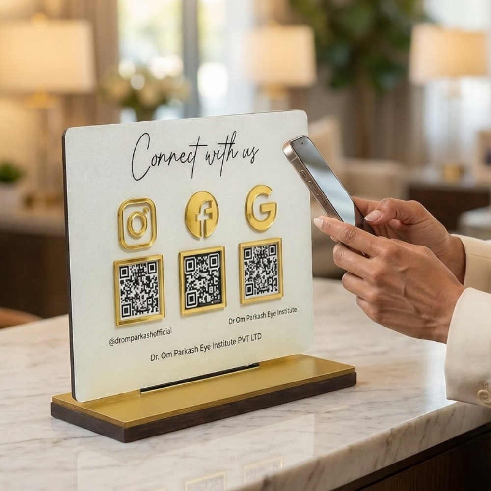 Bazinco Premium Social Media QR Code Display Stand | Custom Acrylic Business QR Sign with Wooden Base | Instagram, Facebook & Google Review Table Display for Shops, Clinics & Offices