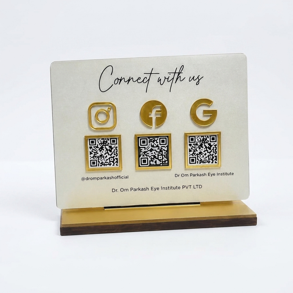 Bazinco Premium Social Media QR Code Display Stand | Custom Acrylic Business QR Sign with Wooden Base | Instagram, Facebook & Google Review Table Display for Shops, Clinics & Offices