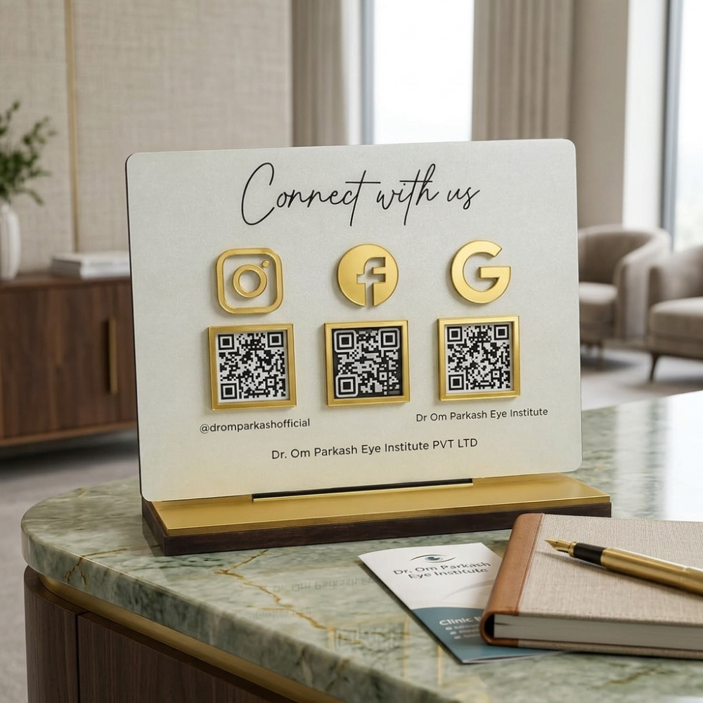Bazinco Premium Social Media QR Code Display Stand | Custom Acrylic Business QR Sign with Wooden Base | Instagram, Facebook & Google Review Table Display for Shops, Clinics & Offices