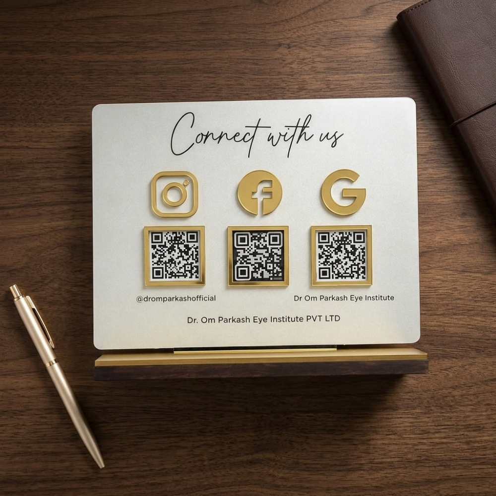 Bazinco Premium Social Media QR Code Display Stand | Custom Acrylic Business QR Sign with Wooden Base | Instagram, Facebook & Google Review Table Display for Shops, Clinics & Offices