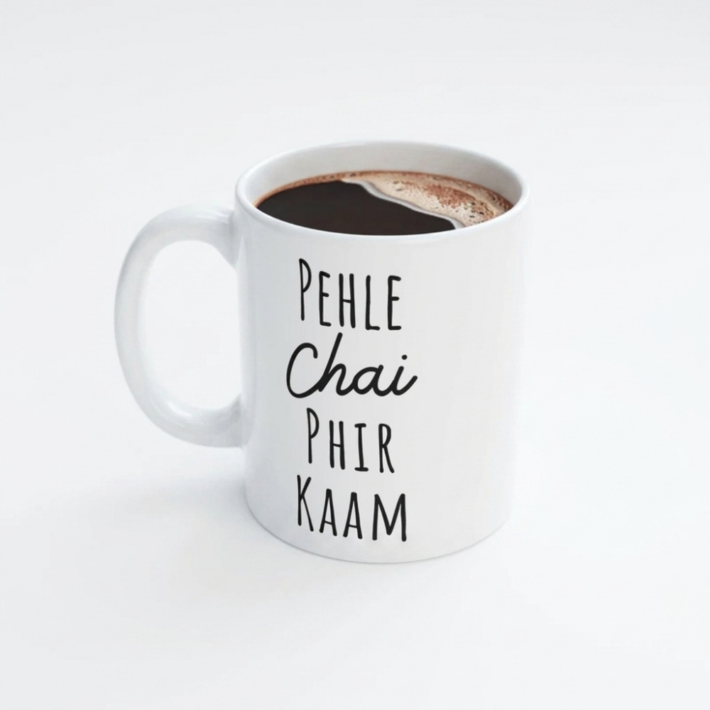 Bazinco Pehle Chai Phir Kaam Printed Ceramic Coffee Mug | Funny Hindi Quote Tea & Coffee Mug | Microwave Safe Glossy White Mug | 11 Oz