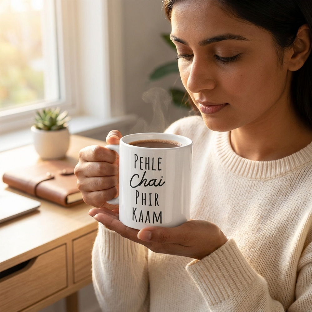 Bazinco Pehle Chai Phir Kaam Printed Ceramic Coffee Mug | Funny Hindi Quote Tea & Coffee Mug | Microwave Safe Glossy White Mug | 11 Oz