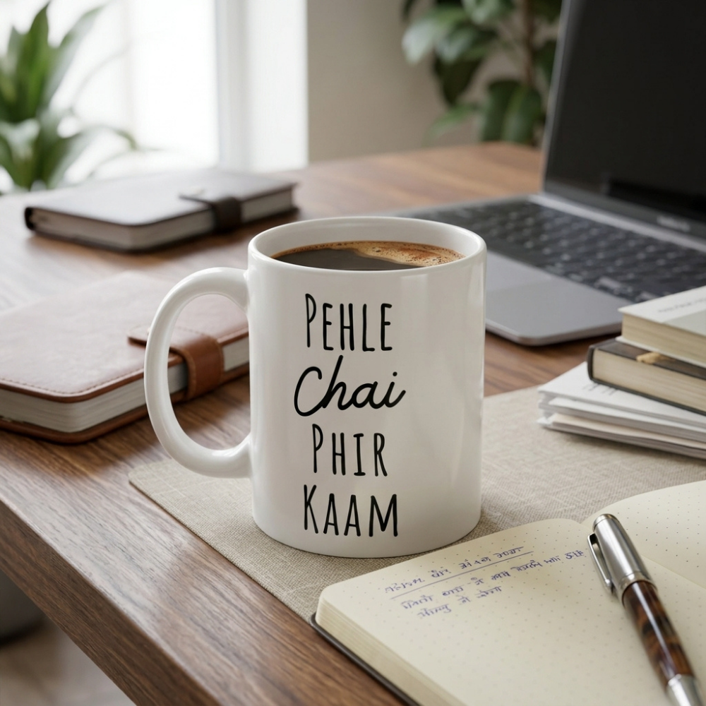 Bazinco Pehle Chai Phir Kaam Printed Ceramic Coffee Mug | Funny Hindi Quote Tea & Coffee Mug | Microwave Safe Glossy White Mug | 11 Oz