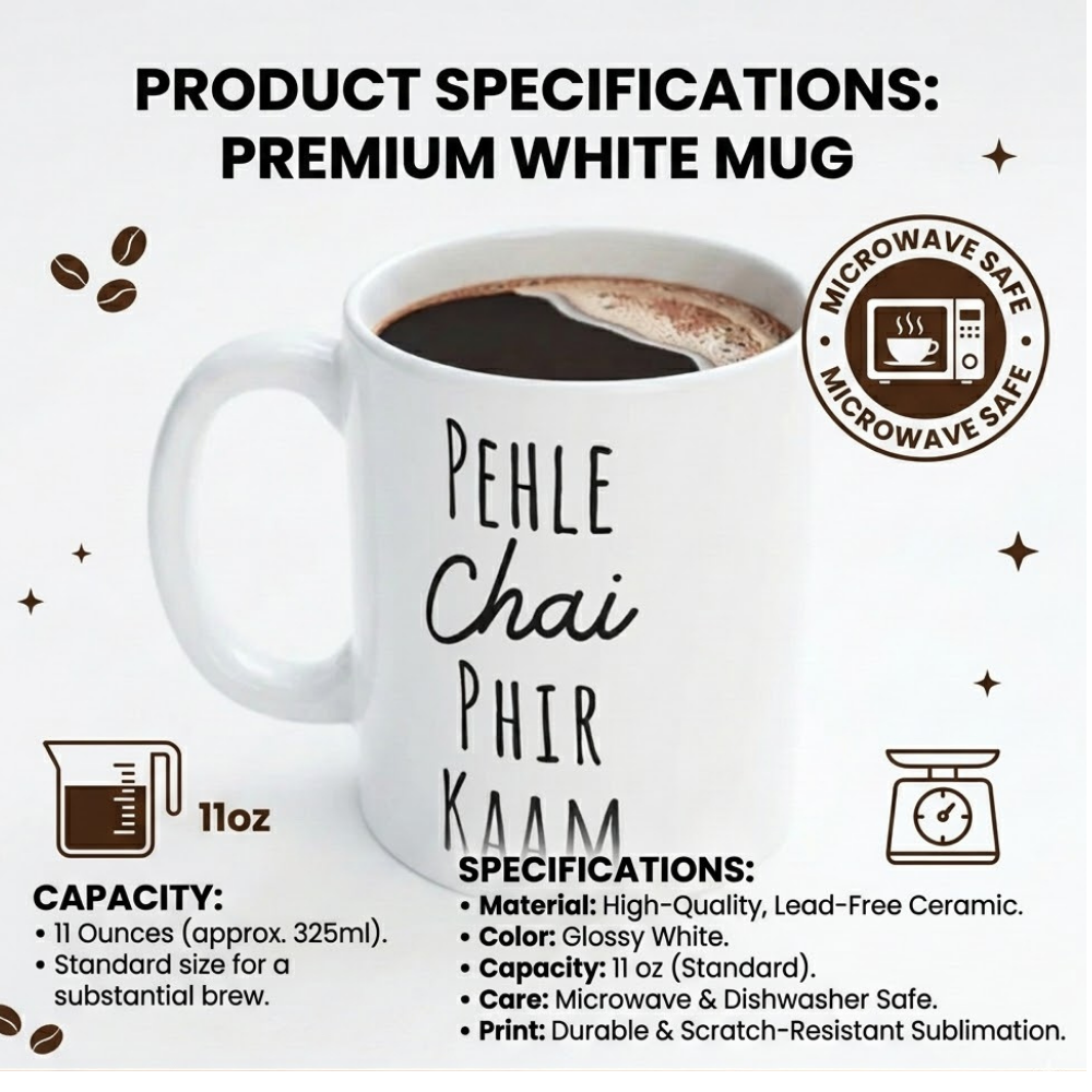 Bazinco Pehle Chai Phir Kaam Printed Ceramic Coffee Mug | Funny Hindi Quote Tea & Coffee Mug | Microwave Safe Glossy White Mug | 11 Oz