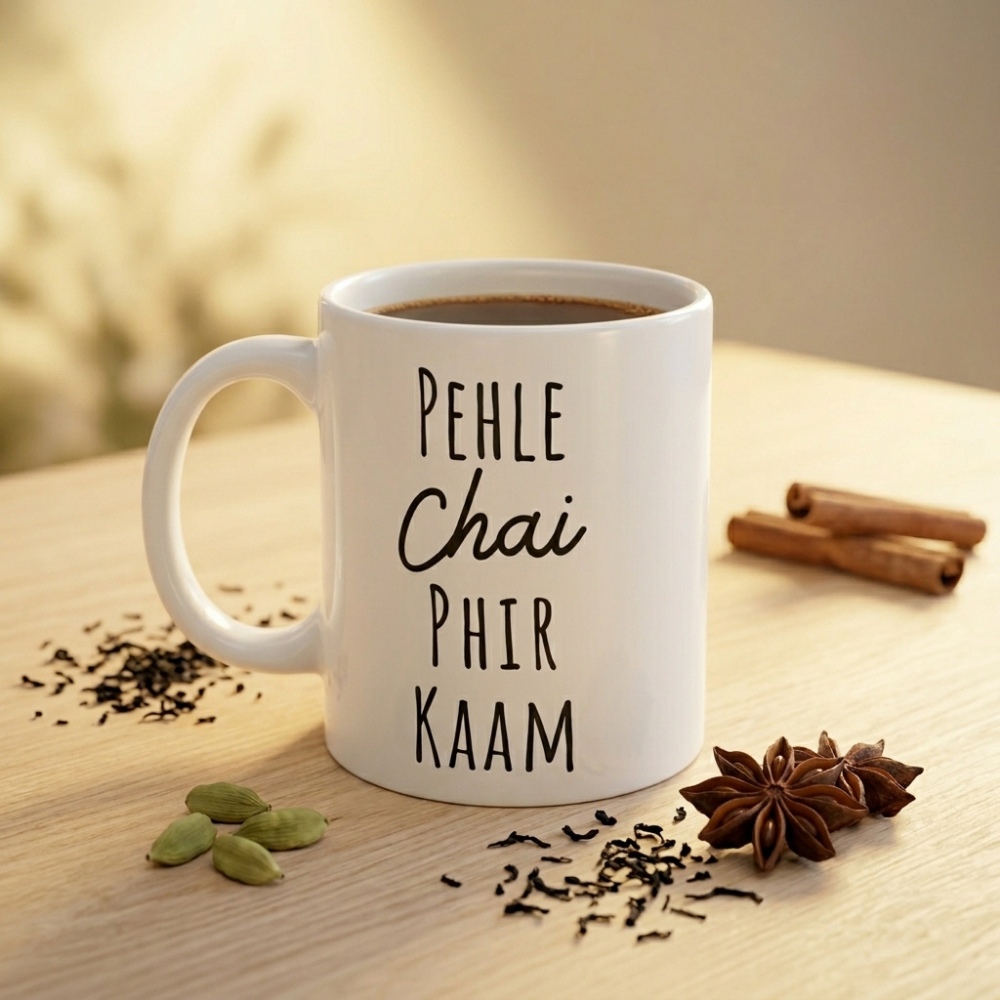 Bazinco Pehle Chai Phir Kaam Printed Ceramic Coffee Mug | Funny Hindi Quote Tea & Coffee Mug | Microwave Safe Glossy White Mug | 11 Oz