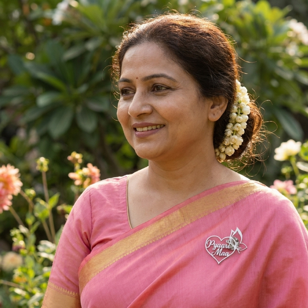 Bazinco Pyaari Maa Heart Brooch – Elegant Mother Love Pin for Saree & Ethnic Wear