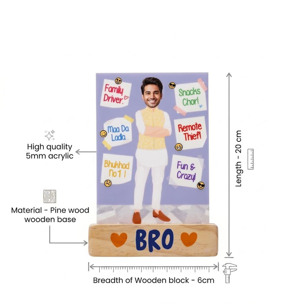 Bazinco Quirky Personalized Bro Photo Stand Caricature | Custom Acrylic Plaque with Wooden Base | Unique Gift for Brother, Birthday & Raksha Bandhan