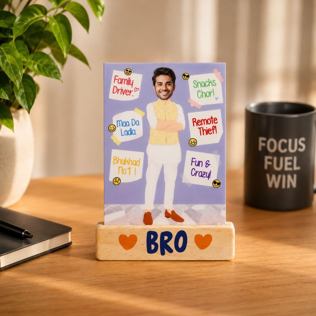 Bazinco Quirky Personalized Bro Photo Stand Caricature | Custom Acrylic Plaque with Wooden Base | Unique Gift for Brother, Birthday & Raksha Bandhan