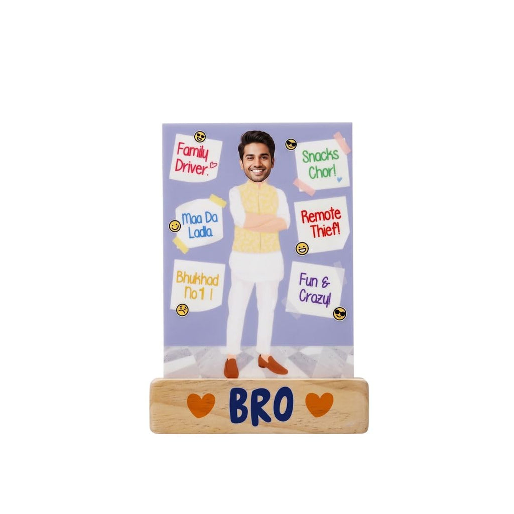 Bazinco Quirky Personalized Bro Photo Stand Caricature | Custom Acrylic Plaque with Wooden Base | Unique Gift for Brother, Birthday & Raksha Bandhan