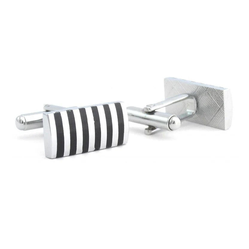 Bazinco Rectangle Black Stripes Cufflinks for Men with Premium Gift Box – Silver Formal Cufflinks for Business, Wedding