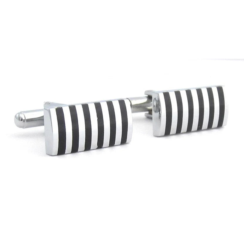 Bazinco Rectangle Black Stripes Cufflinks for Men with Premium Gift Box – Silver Formal Cufflinks for Business, Wedding