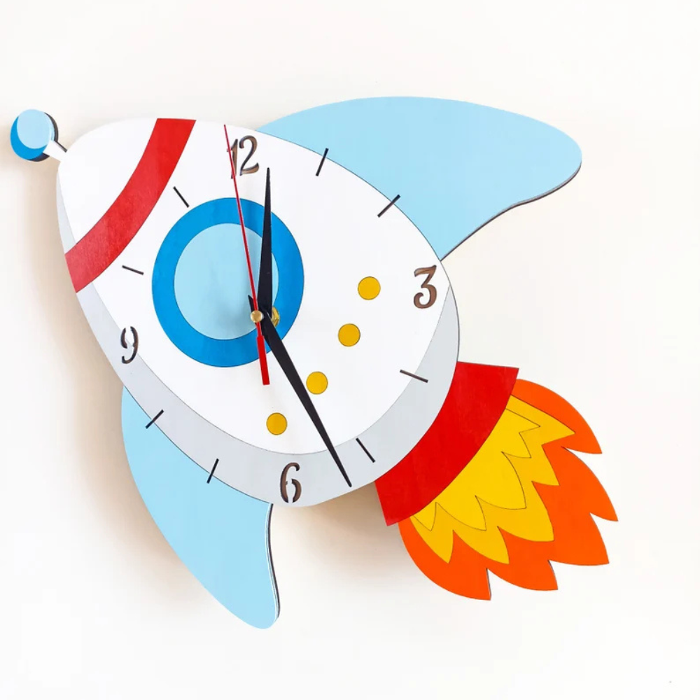 Bazinco Rocket Adventure Kids Wall Clock | Space Rocket Wooden Wall Clock for Kids Room | Silent Quartz Decorative Wall Clock | Nursery & Playroom Decor
