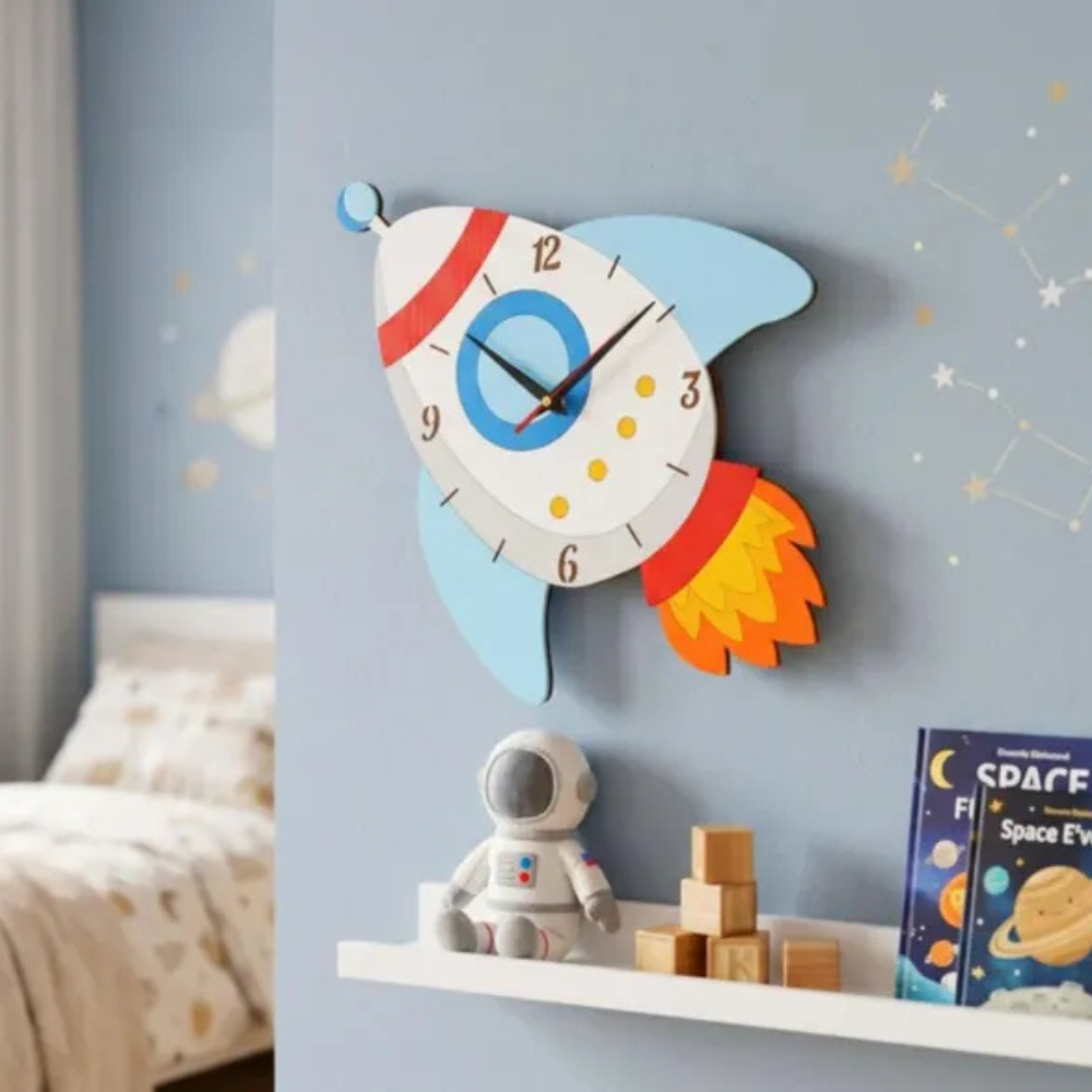 Bazinco Rocket Adventure Kids Wall Clock | Space Rocket Wooden Wall Clock for Kids Room | Silent Quartz Decorative Wall Clock | Nursery & Playroom Decor