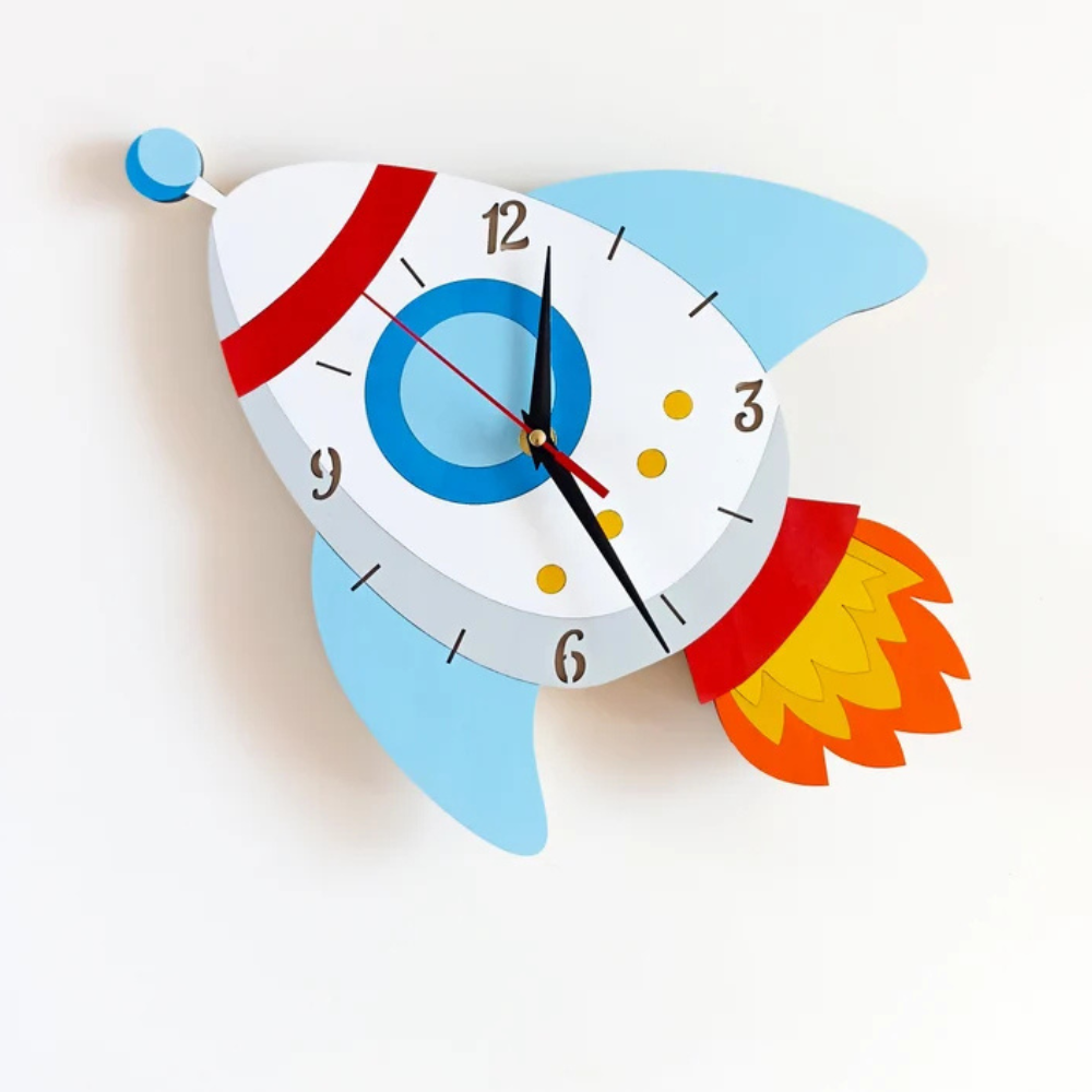 Bazinco Rocket Adventure Kids Wall Clock | Space Rocket Wooden Wall Clock for Kids Room | Silent Quartz Decorative Wall Clock | Nursery & Playroom Decor