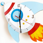 Bazinco Rocket Adventure Kids Wall Clock | Space Rocket Wooden Wall Clock for Kids Room | Silent Quartz Decorative Wall Clock | Nursery & Playroom Decor