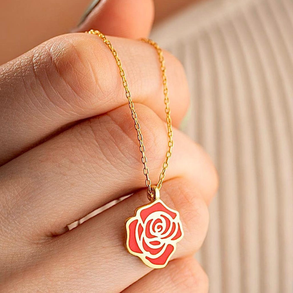 Red Rose Enamel Gold Necklace | Stylish Floral Pendant Gift for Her – Bazinco