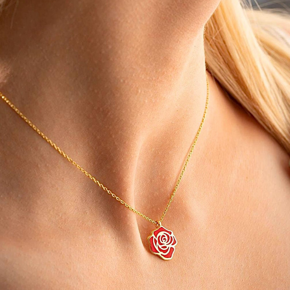 Red Rose Enamel Gold Necklace | Stylish Floral Pendant Gift for Her – Bazinco