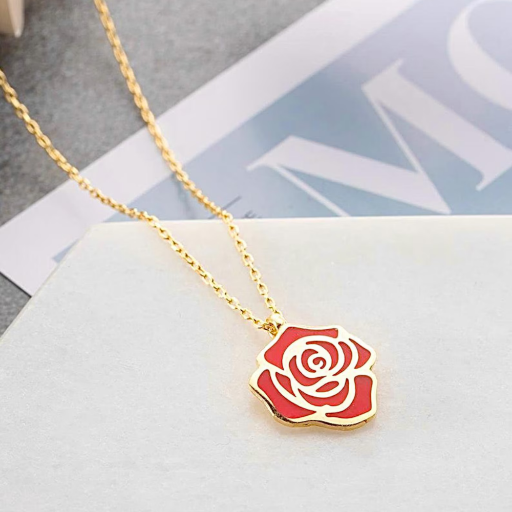 Red Rose Enamel Gold Necklace | Stylish Floral Pendant Gift for Her – Bazinco