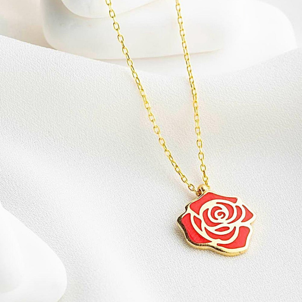 Red Rose Enamel Gold Necklace | Stylish Floral Pendant Gift for Her – Bazinco