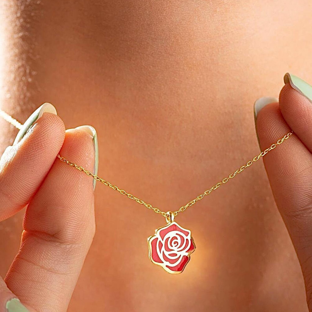 Red Rose Enamel Gold Necklace | Stylish Floral Pendant Gift for Her – Bazinco