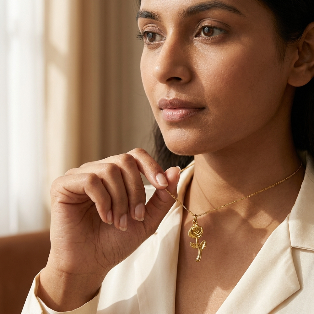 Bazinco Rose Flower Pendant Necklace | Premium Rose Gold Plated Floral Jewelry for Women & Girls