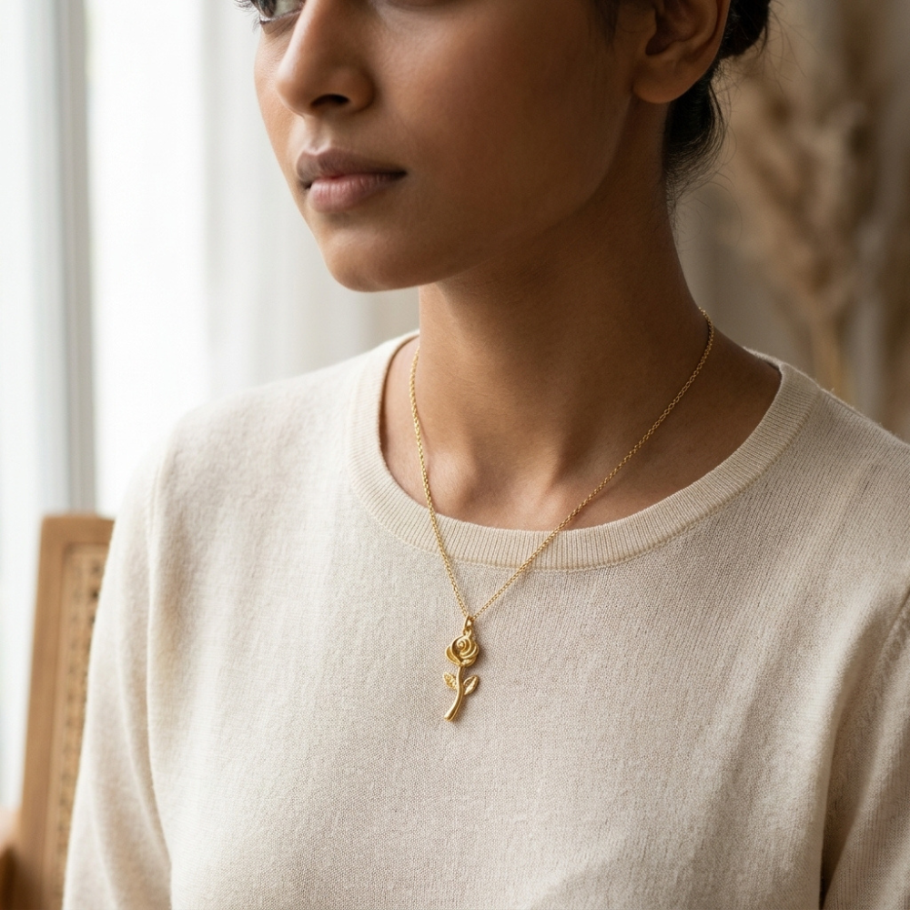 Bazinco Rose Flower Pendant Necklace | Premium Rose Gold Plated Floral Jewelry for Women & Girls