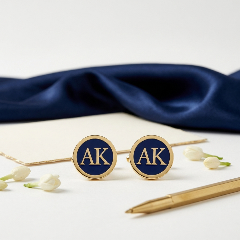 Bazinco Monogram Cufflinks for Men – Round Blue Enamel Initial Cufflinks for Shirt & Suit Accessories