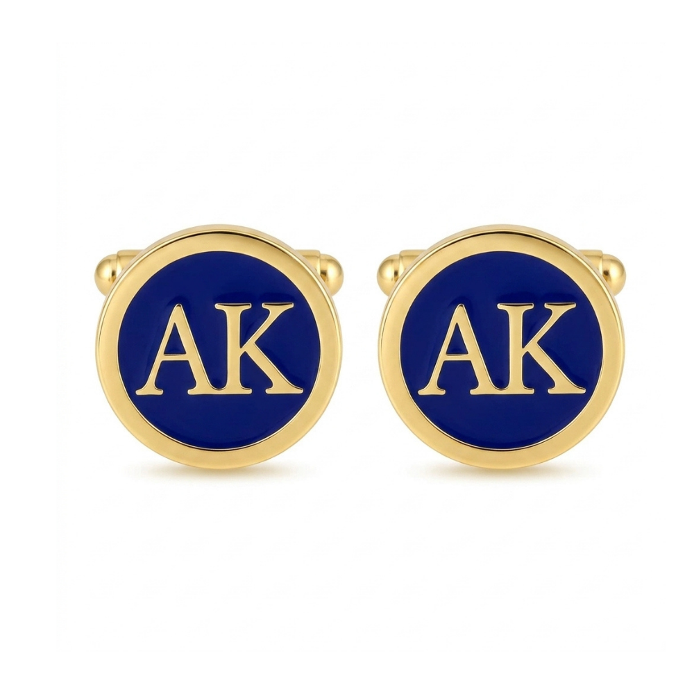Bazinco Monogram Cufflinks for Men – Round Blue Enamel Initial Cufflinks for Shirt & Suit Accessories