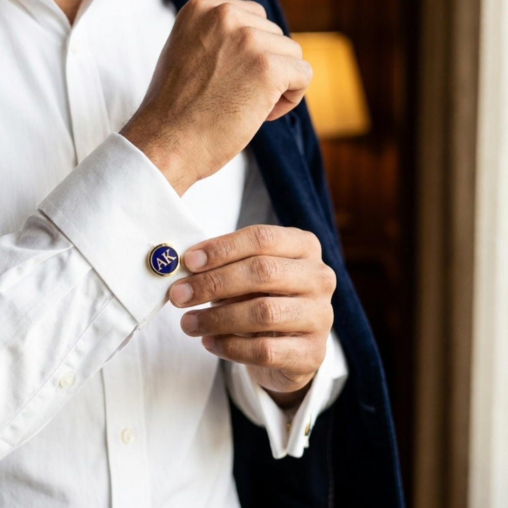 Bazinco Monogram Cufflinks for Men – Round Blue Enamel Initial Cufflinks for Shirt & Suit Accessories